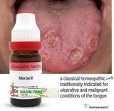 Homeopathic medicine bottle with a tongue showing ulcers and lesions.