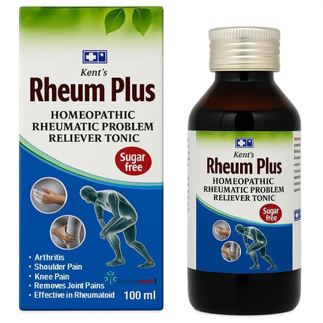 Kent's Rheum Plus homeopathic tonic packaging and bottle on a white background