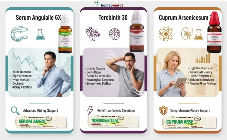 Three homeopathic medicine cards with images and descriptions of kidney health remedies and their uses.