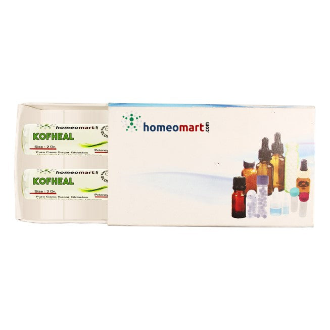 Two pills of Kofheal in a  box by Homeomart on a white background