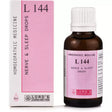 Bottle and box of L 144 Nerve & Sleep Drops with pink label and white cap.