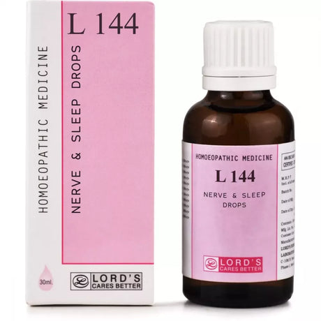 Bottle and box of L 144 Nerve & Sleep Drops with pink label and white cap.