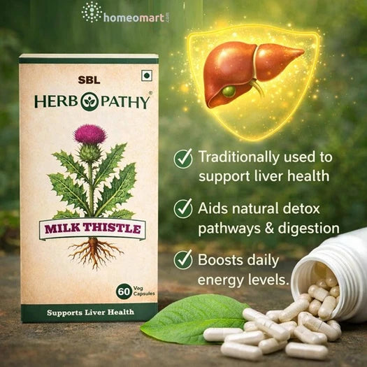 SBL Herbopathy Milk Thistle supplement packaging with liver icon and text on a natural background