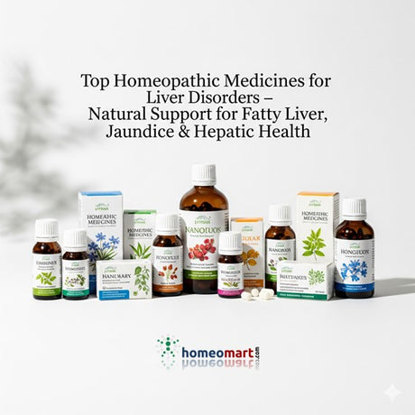 Collection of homeopathic medicines for liver disorders with a brand logo at the bottom.