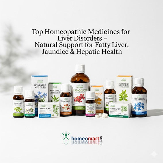 Collection of homeopathic medicines for liver disorders with a brand logo at the bottom.