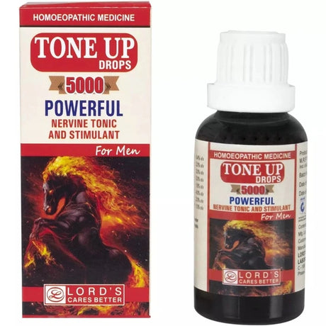 Tone Up Drops packaging and bottle on a white background with horse to indicate man power