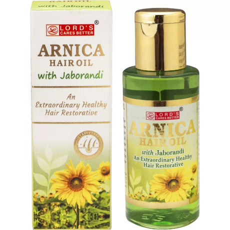 Lords Arnica Hair Oil with Jaborandi strengthens roots, reduces hair fall, dandruff & premature graying. Amla & Sandalwood add softness and shine.