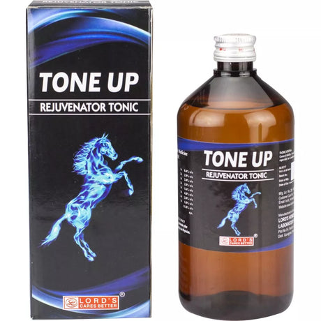 Tone Up Rejuvenator Tonic bottle and packaging with a horse illustration on a white background