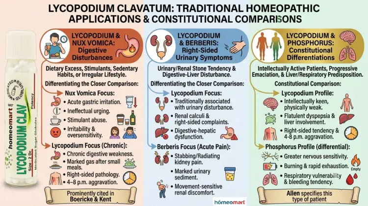 lycopodium-clavatum, lycopodium, homeopathic-pills, homeopathy-remedy, homeopathic-dilution, medicated-pills, digestive-support, bloating, abdominal-bloating, excessive-gas, flatulence, early-satiety, indigestion, slow-digestion, constipation, digestive-weakness, liver-complaints, gallbladder-complaints, urinary-complaints, renal-complaints, kidney-gravel, uric-acid-tendency, right-sided-symptoms, 4-8-pm-aggravation, Lycopodium-30C, Lycopodium-200C, Lycopodium-1M, Nux-Vomica, Berberis-Vulgaris, Phosphorus