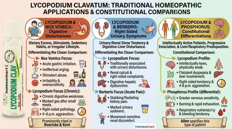 lycopodium-clavatum, lycopodium, homeopathic-pills, homeopathy-remedy, homeopathic-dilution, medicated-pills, digestive-support, bloating, abdominal-bloating, excessive-gas, flatulence, early-satiety, indigestion, slow-digestion, constipation, digestive-weakness, liver-complaints, gallbladder-complaints, urinary-complaints, renal-complaints, kidney-gravel, uric-acid-tendency, right-sided-symptoms, 4-8-pm-aggravation, Lycopodium-30C, Lycopodium-200C, Lycopodium-1M, Nux-Vomica, Berberis-Vulgaris, Phosphorus