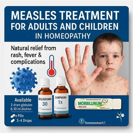 Advertisement for measles rash treatment in homeopathy with a child showing rash, bottles of remedies, and text about natural relief.