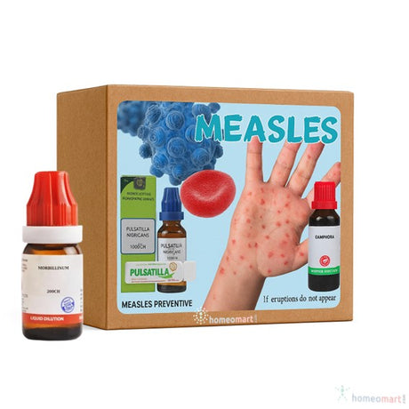 Homeopathic measles treatment packaging with bottles and a box on a white background