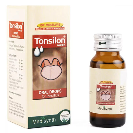Tonsilon Forte oral drops packaging and bottle on a white background
