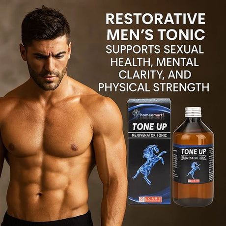 Man with muscular build next to 'Tone Up' tonic packaging and bottle on a brown background