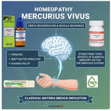 Homeopathic remedy Mercurius Vivus with nerve & muscle weakness symptoms and product packaging on a blue background