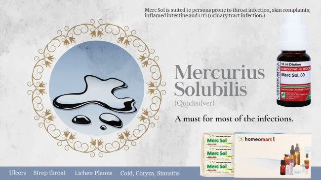 Advertisement for Mercurius Solubilis with product packaging and benefits text on a light background