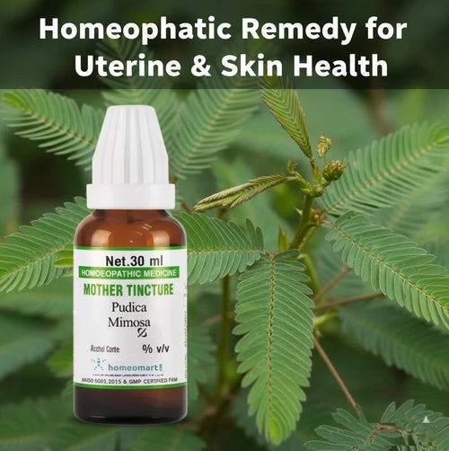 Homeopathic remedy bottle for uterine and skin health with green leaves in the background