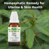 Homeopathic remedy bottle for uterine and skin health with green leaves in the background