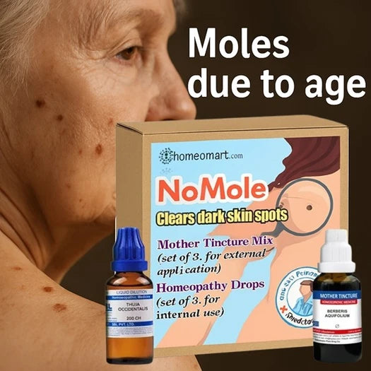 Advertisement for 'No Mole' homeopathic product for old age skin spots with a box and bottles displayed.