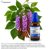 Homeopathic medicine bottle with purple flowers and green leaves of Mucuna Pruriens, commonly known as Velvet Bean on a white background