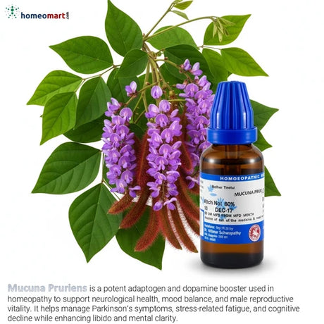 Homeopathic medicine bottle with purple flowers and green leaves of Mucuna Pruriens, commonly known as Velvet Bean on a white background