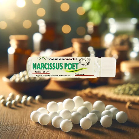 Homeopathic globules with a labeled container on a wooden surface