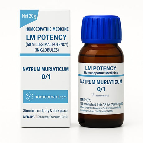 Homeopathic medicine bottle and packaging with blue cap and white label on a white background