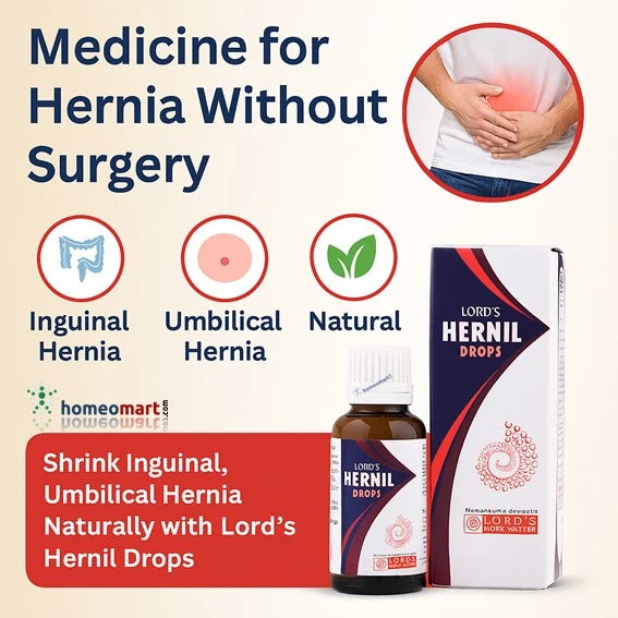 Advertisement for Lord's Hernil Drops for hernia treatment with product packaging and text on a light background.