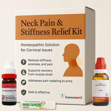 Reclaim your comfort and mobility with the Neck Pain & Stiffness Relief Kit. Expertly formulated with 13 potent homeopathic remedies like Rhus Tox, Arnica, and Guaiacum, this natural solution targets neck stiffness, muscle tension, and cervical pain. Safe, non-sedative, and ideal for regular use, it’s your path to pain-free movement.