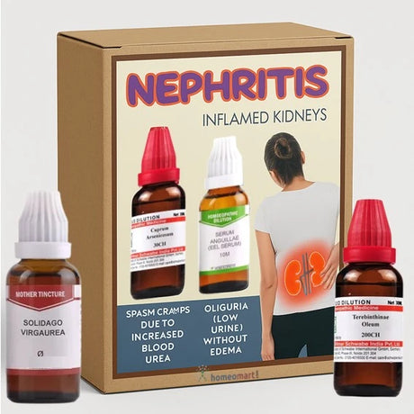 Homeopathic treatment for nephritis with bottles and packaging on a white background
