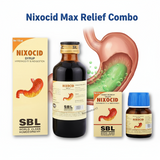 Nixocid Max Relief Combo with SBL syrup and bottles on a white background
