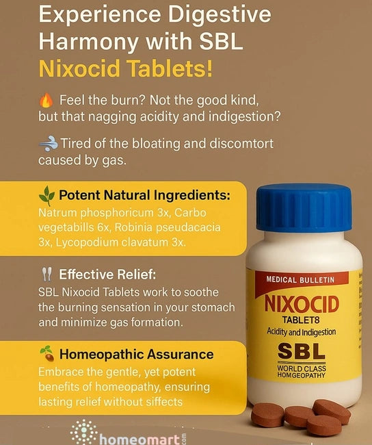 Get fast, gentle relief from acidity, gas, and heartburn with SBL Nixocid Tablets. Homeopathic blend for digestive harmony without side effects.