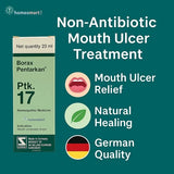 Borax Pentarkan homeopathic medicine packaging for mouth ulcer treatment on a green background with text highlighting benefits.