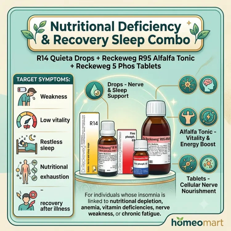 Dr. Reckeweg R14 Quieta Nutritional Deficiency Insomnia Combo with R95 Alfalfa Tonic and 5 Phos Tablets for weakness anemia insomnia, and restorative sleep support.