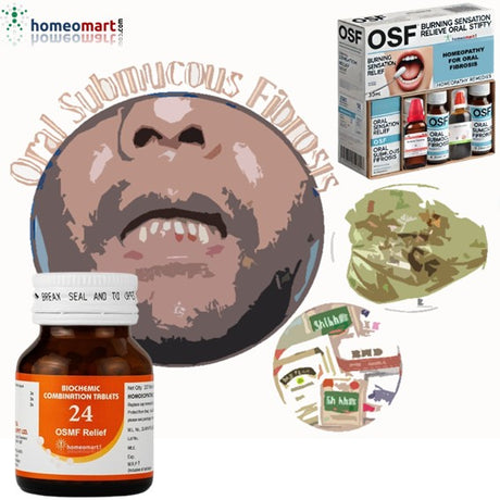 Homeopathy product for oral submucous fibromatosis with packaging and branding elements.
