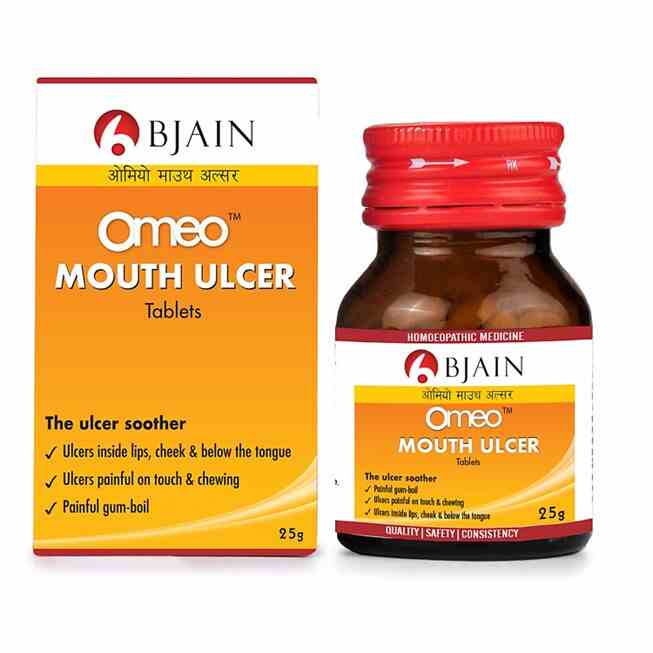B Jain Omeo Mouth Ulcer Tablets packaging and bottle on a white background
