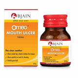 B Jain Omeo Mouth Ulcer Tablets packaging and bottle on a white background