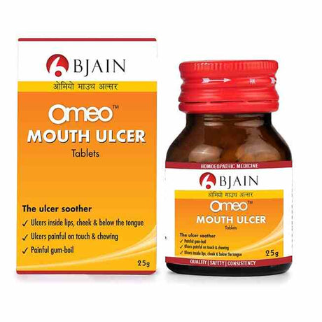 B Jain Omeo Mouth Ulcer Tablets packaging and bottle on a white background