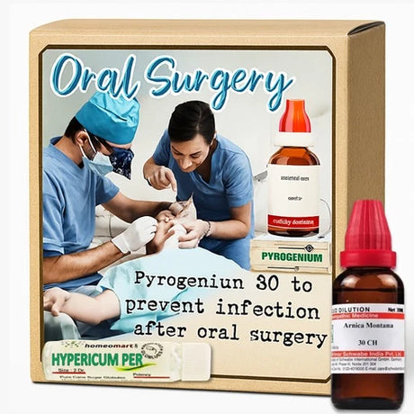 Product packaging for oral surgery recovery kit with medical imagery and product bottles.