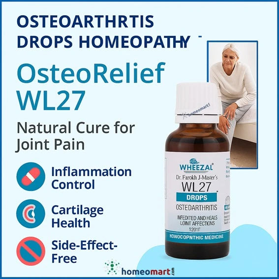 OsteoRelief WL27 homeopathy drops bottle with product details highlighting Osteoarthritis Drops Homeopathy benefits on a light blue background