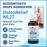OsteoRelief WL27 homeopathy drops bottle with product details highlighting Osteoarthritis Drops Homeopathy benefits on a light blue background