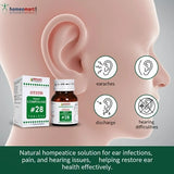 Homeopathic solution for ear infections with product packaging and ear illustration.