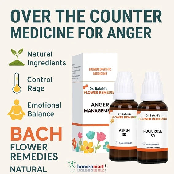 Bach Flower Remedies for anger management with product packaging and bottles on a white background.
