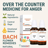 Bach Flower Remedies for anger management with product packaging and bottles on a white background.