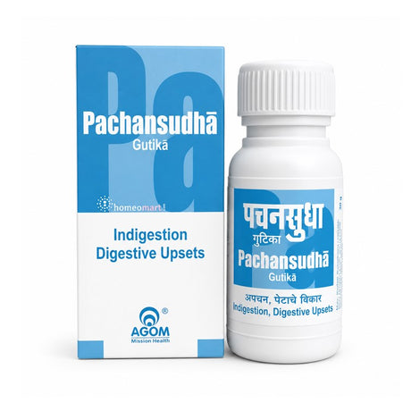 AGOM Pachan Sudha Pills (Gutika) combine the traditional digestive herbs Kutaja (Holarrhena antidysenterica), Bael (Aegle marmelos), and Haritaki (Terminalia chebula) to naturally support healthy digestion, relieve bloating, abdominal pain, indigestion, diarrhoea, dysentery, nausea, and digestive weakness.