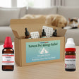 Box of natural pet allergy relief products with bottles on a table, and a dog and cat in the background.