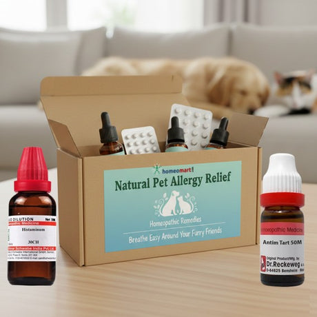 Box of natural pet allergy relief products with bottles on a table, and a dog and cat in the background.