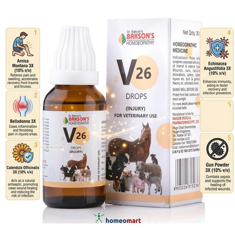 Dr. Bakson's V26 Drops for veterinary use with packaging and ingredient beenfits