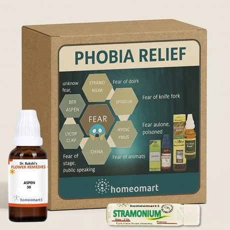 Homeopathy product set with bottles and packaging labeled 'Phobia Relief' on a beige background.