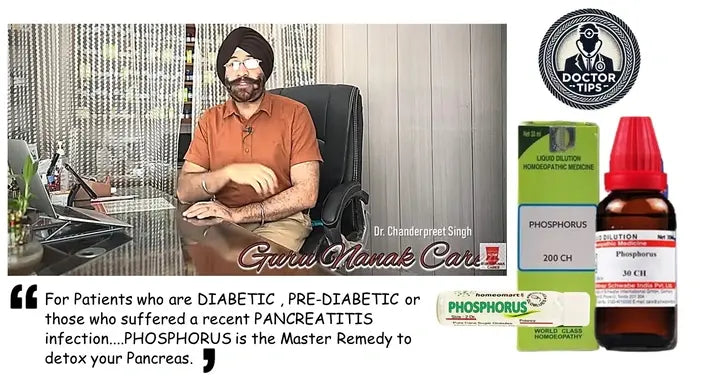 Doctor in an office setting with phosphorus  medical products and text about pancreatic care.